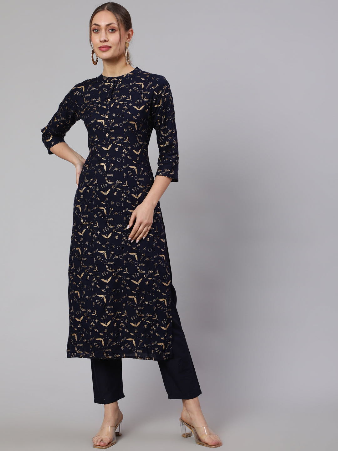 Women Navy Blue Ethnic Printed Straight Kurta With Trouser | LASVINI - Redefining Indian Fashion with Elegance