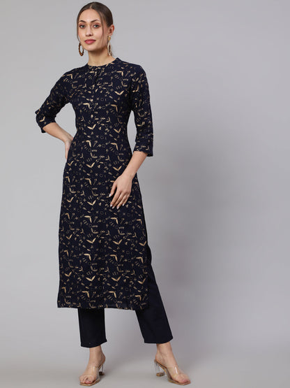 Women Navy Blue Ethnic Printed Straight Kurta With Trouser | LASVINI - Redefining Indian Fashion with Elegance