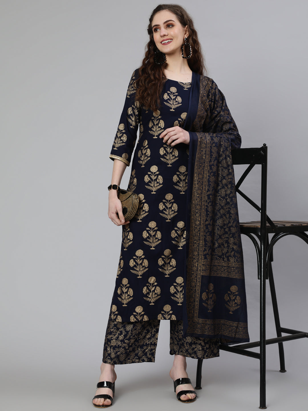 Women Navy Blue Ethnic Printed Kurta With Palazzo And Dupatta | LASVINI - Redefining Indian Fashion with Elegance