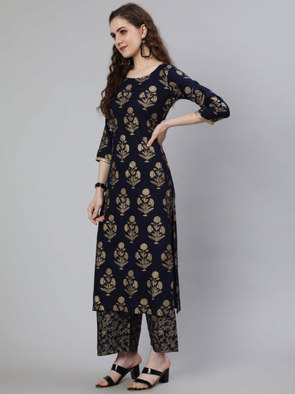 Women Navy Blue Ethnic Printed Kurta With Palazzo And Dupatta | LASVINI - Redefining Indian Fashion with Elegance