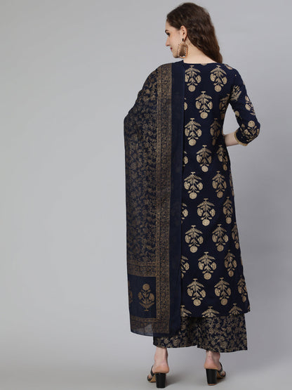 Women Navy Blue Ethnic Printed Kurta With Palazzo And Dupatta | LASVINI - Redefining Indian Fashion with Elegance