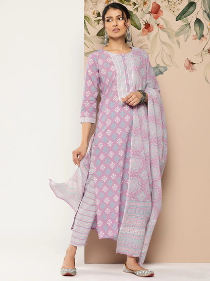Women Lavender Printed Straight Kurta With Palazzo & Dupatta | LASVINI - Redefining Indian Fashion with Elegance