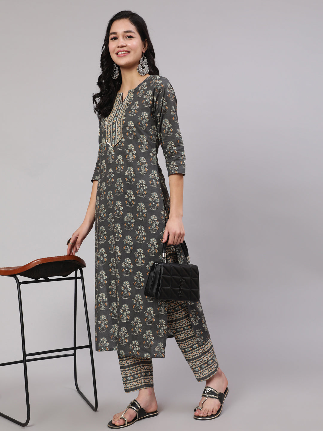 Women Grey Printed Straight Kurta With Trouser | LASVINI - Redefining Indian Fashion with Elegance