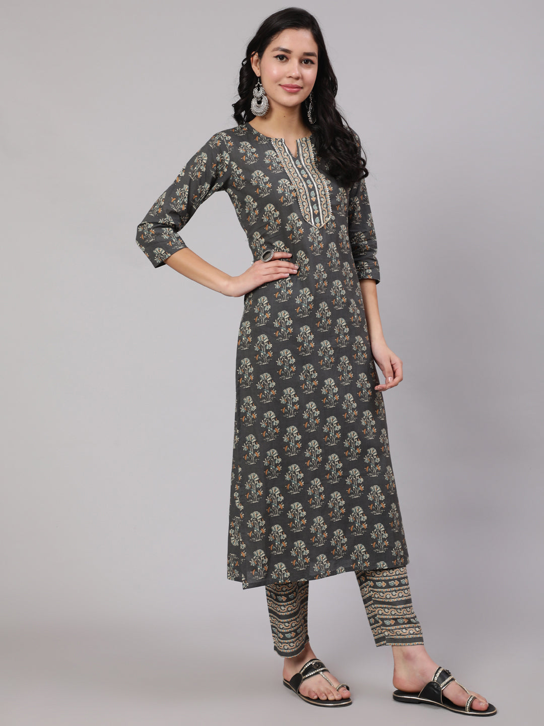 Women Grey Printed Straight Kurta With Trouser | LASVINI - Redefining Indian Fashion with Elegance
