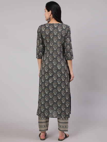 Women Grey Printed Straight Kurta With Trouser | LASVINI - Redefining Indian Fashion with Elegance