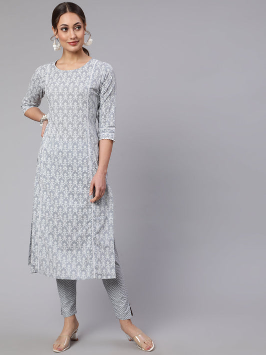 Women Grey Ethnic Printed Straight Kurta With Trouser | LASVINI - Redefining Indian Fashion with Elegance