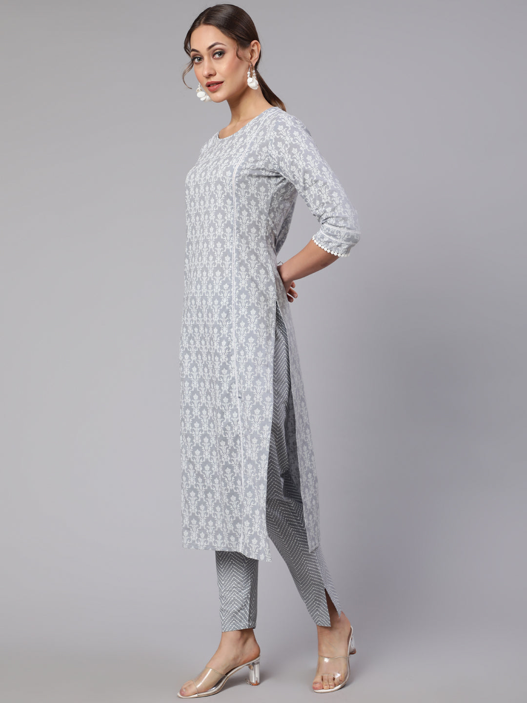 Women Grey Ethnic Printed Straight Kurta With Trouser | LASVINI - Redefining Indian Fashion with Elegance