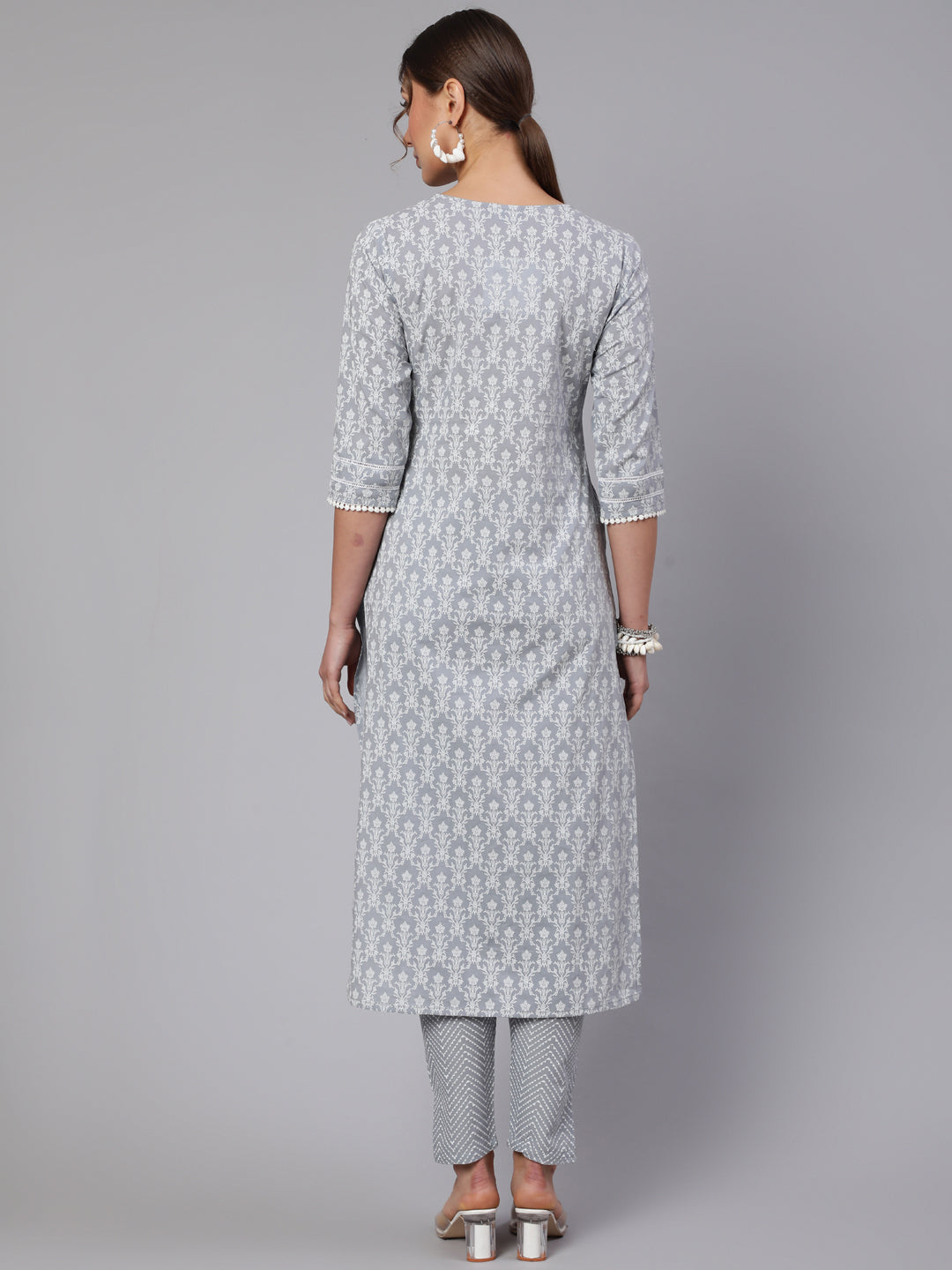 Women Grey Ethnic Printed Straight Kurta With Trouser | LASVINI - Redefining Indian Fashion with Elegance