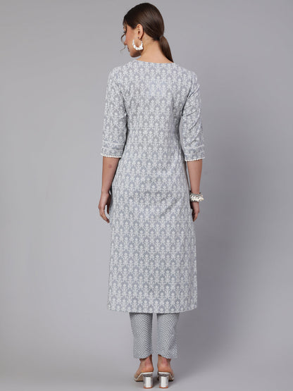 Women Grey Ethnic Printed Straight Kurta With Trouser | LASVINI - Redefining Indian Fashion with Elegance