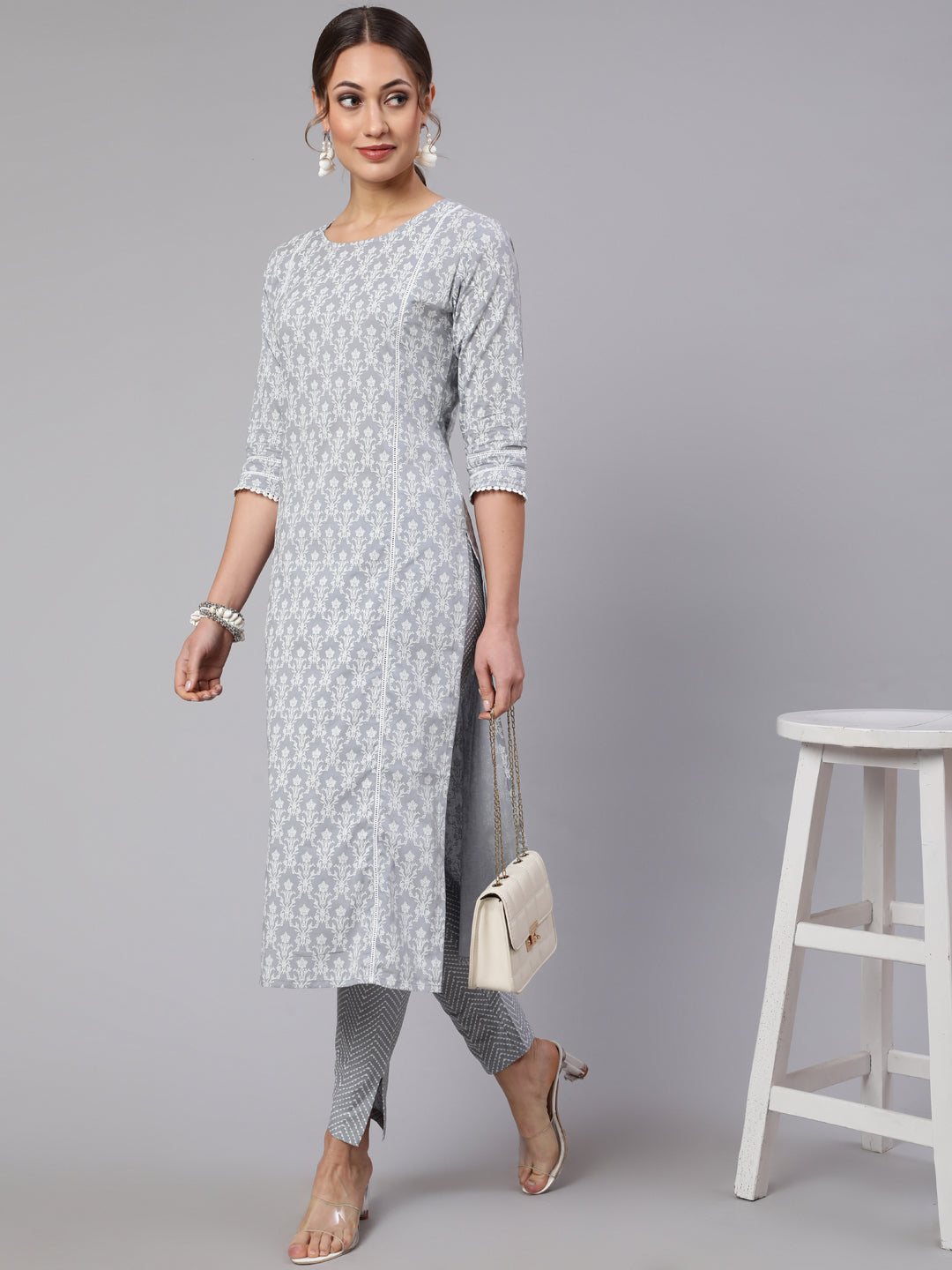Women Grey Ethnic Printed Straight Kurta With Trouser | LASVINI - Redefining Indian Fashion with Elegance