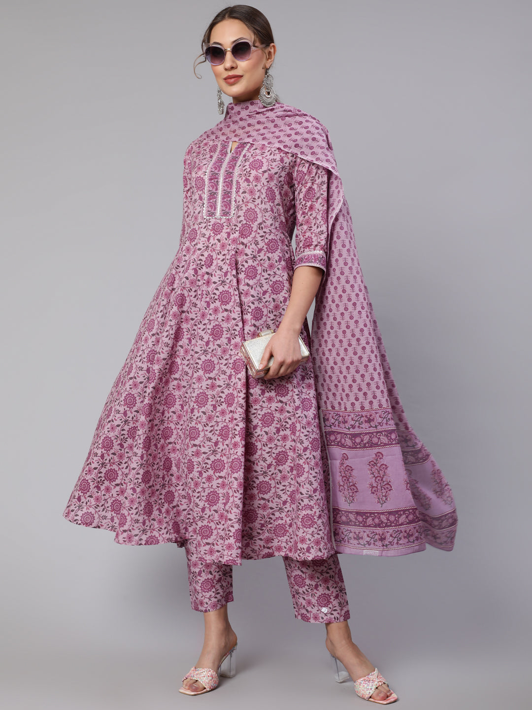 Women Lavender Floral Printed Kurta With Palazzo And Dupatta | LASVINI - Redefining Indian Fashion with Elegance