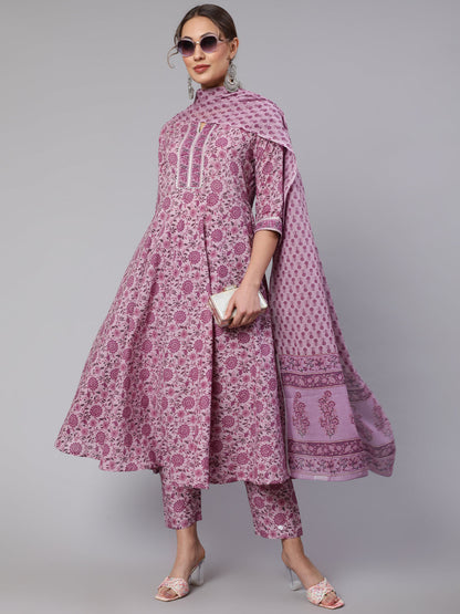 Women Lavender Floral Printed Kurta With Palazzo And Dupatta | LASVINI - Redefining Indian Fashion with Elegance