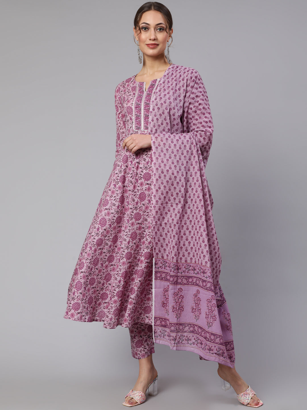 Women Lavender Floral Printed Kurta With Palazzo And Dupatta | LASVINI - Redefining Indian Fashion with Elegance