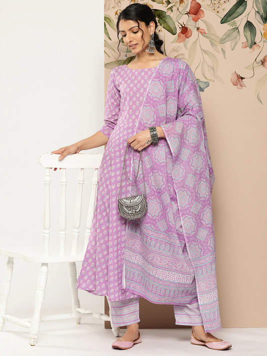Women Lavender Ethnic Printed Kurta With Trouser And Dupatta | LASVINI - Redefining Indian Fashion with Elegance