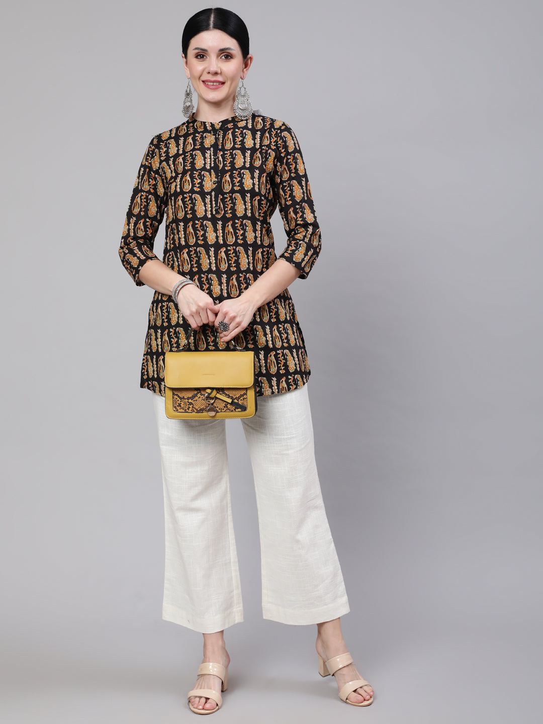 Women Black Paisley Printed Straight Tunic With Three Quarter Sleeves | LASVINI - Redefining Indian Fashion with Elegance