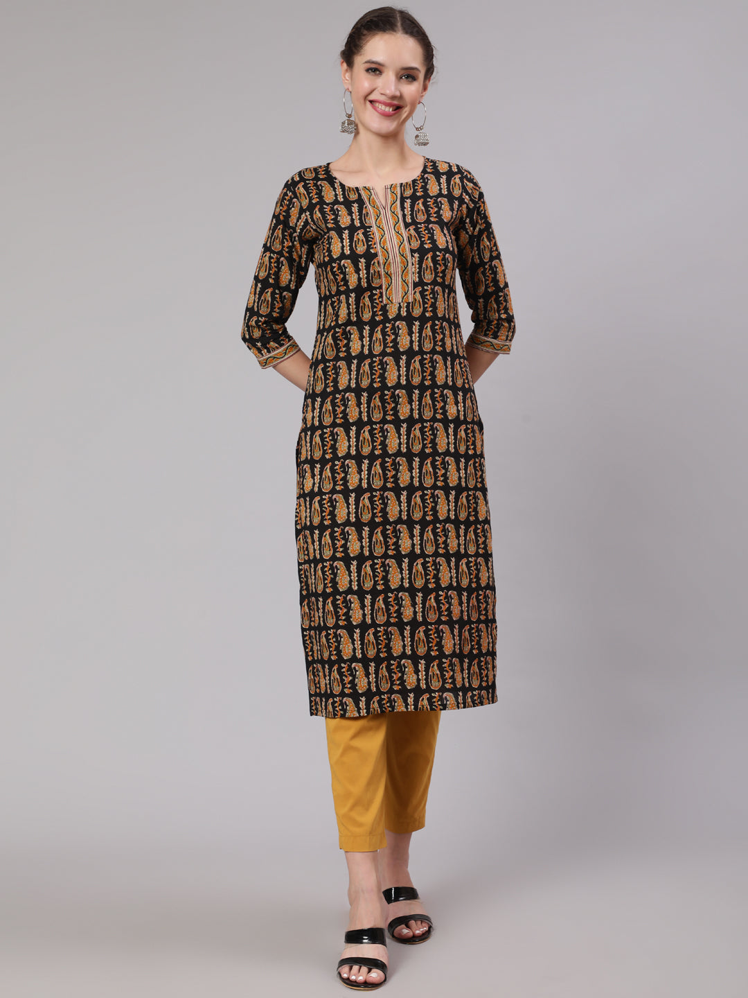 Women Black Ethnic Printed Straight Kurta With Three Quarter Sleeves | LASVINI - Redefining Indian Fashion with Elegance