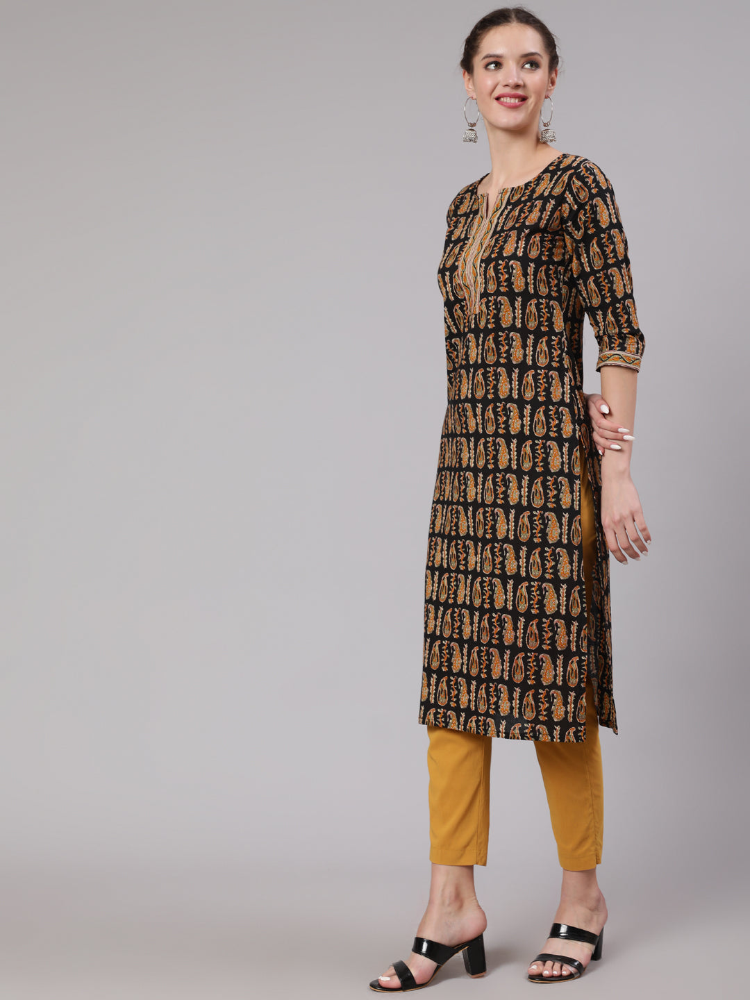 Women Black Ethnic Printed Straight Kurta With Three Quarter Sleeves | LASVINI - Redefining Indian Fashion with Elegance
