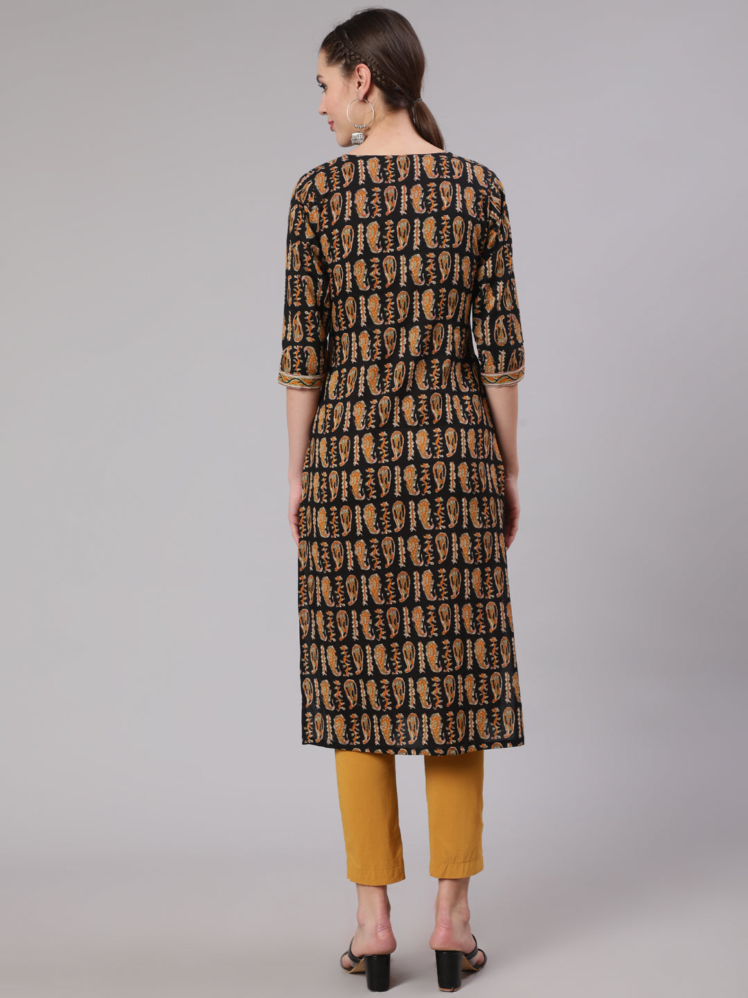 Women Black Ethnic Printed Straight Kurta With Three Quarter Sleeves | LASVINI - Redefining Indian Fashion with Elegance