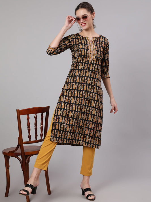Women Black Ethnic Printed Straight Kurta With Three Quarter Sleeves | LASVINI - Redefining Indian Fashion with Elegance