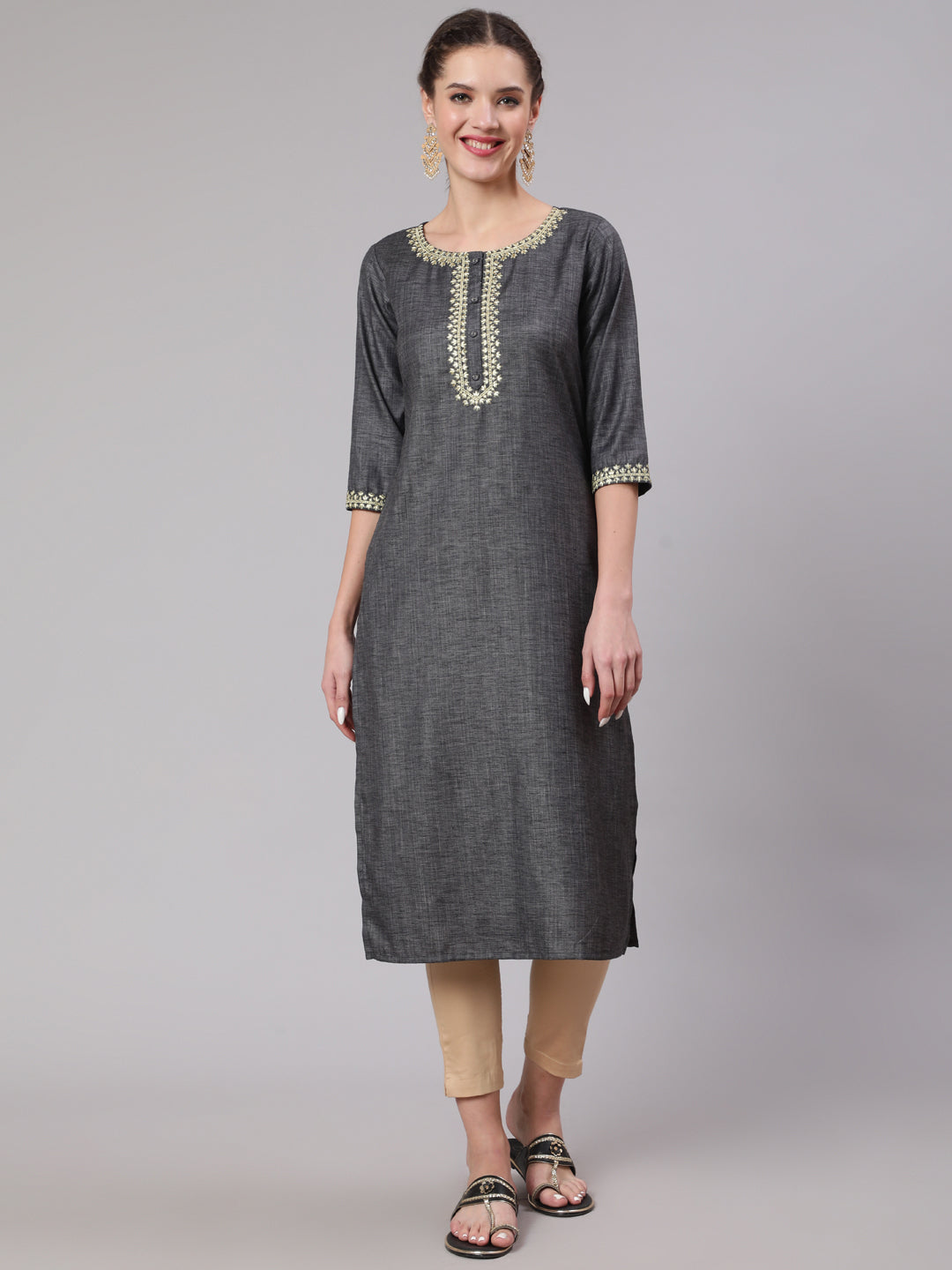 Women Grey Embridered Straight Kurta With Three Quarter Sleeves | LASVINI - Redefining Indian Fashion with Elegance