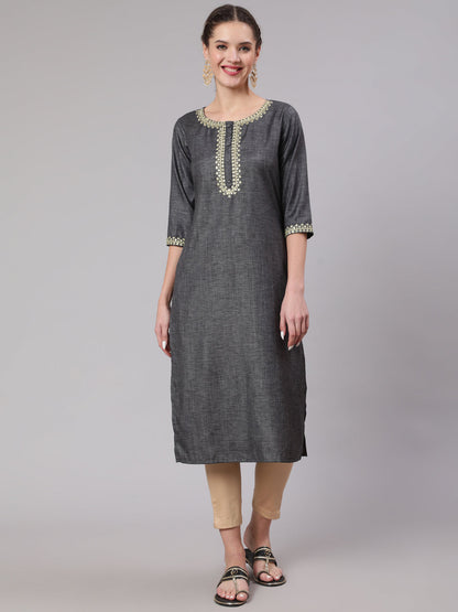 Women Grey Embridered Straight Kurta With Three Quarter Sleeves | LASVINI - Redefining Indian Fashion with Elegance