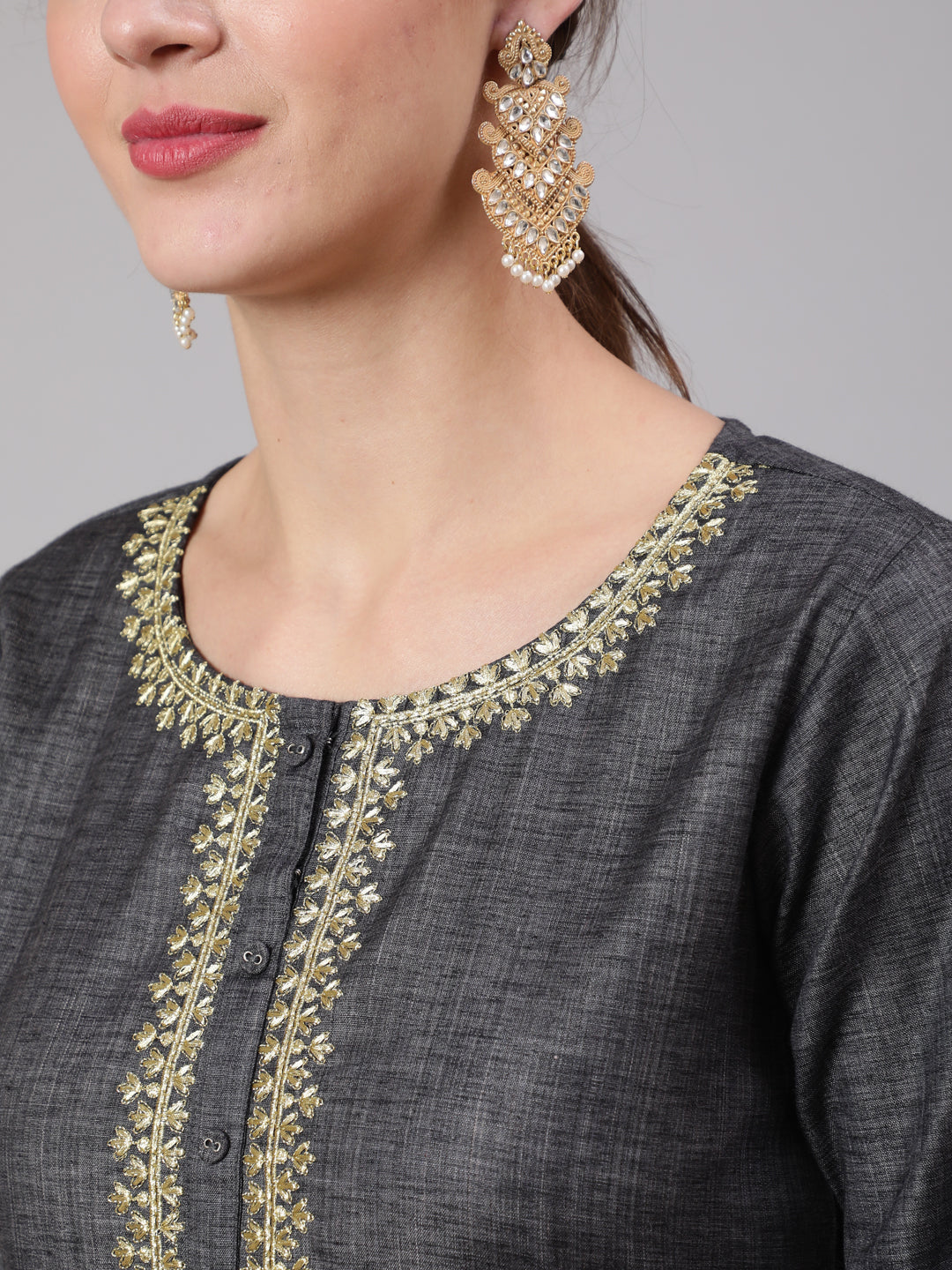Women Grey Embridered Straight Kurta With Three Quarter Sleeves | LASVINI - Redefining Indian Fashion with Elegance