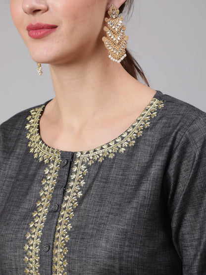 Women Grey Embridered Straight Kurta With Three Quarter Sleeves | LASVINI - Redefining Indian Fashion with Elegance