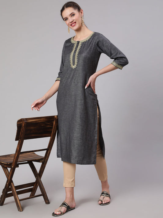 Women Grey Embridered Straight Kurta With Three Quarter Sleeves | LASVINI - Redefining Indian Fashion with Elegance