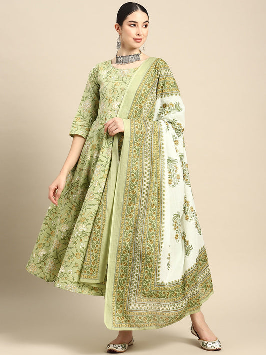 Women Green Floral Printed Anarkali Kurta With Trouser And Dupatta | LASVINI - Redefining Indian Fashion with Elegance
