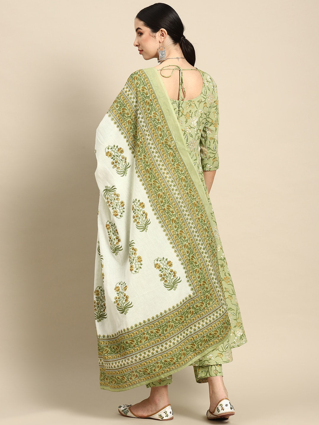Women Green Floral Printed Anarkali Kurta With Trouser And Dupatta | LASVINI - Redefining Indian Fashion with Elegance