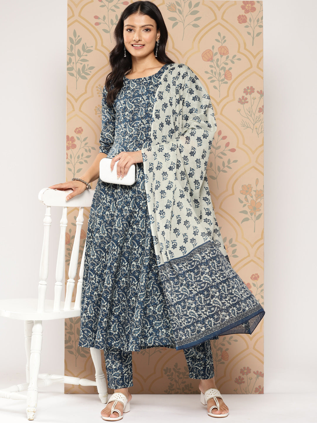 Women Blue Ethnic Printed Anarkali Kurta With Trouser And Dupatta | LASVINI - Redefining Indian Fashion with Elegance