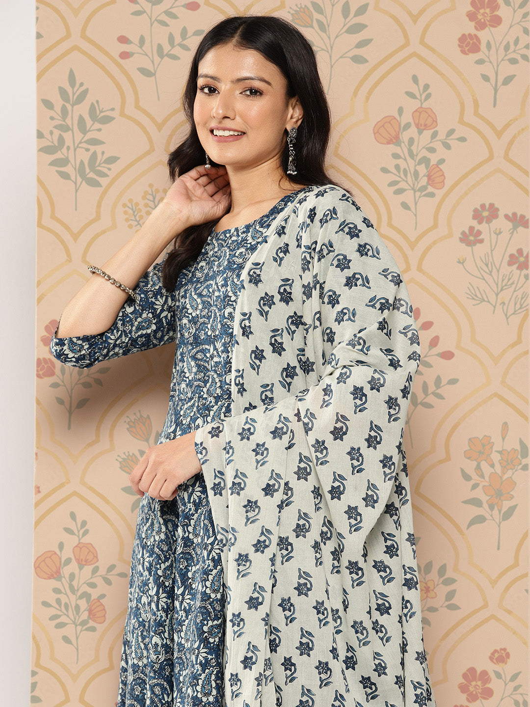 Women Blue Ethnic Printed Anarkali Kurta With Trouser And Dupatta | LASVINI - Redefining Indian Fashion with Elegance