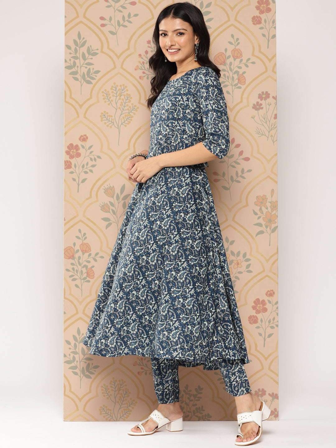 Women Blue Ethnic Printed Anarkali Kurta With Trouser And Dupatta | LASVINI - Redefining Indian Fashion with Elegance