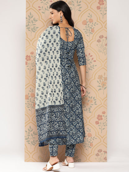 Women Blue Ethnic Printed Anarkali Kurta With Trouser And Dupatta | LASVINI - Redefining Indian Fashion with Elegance