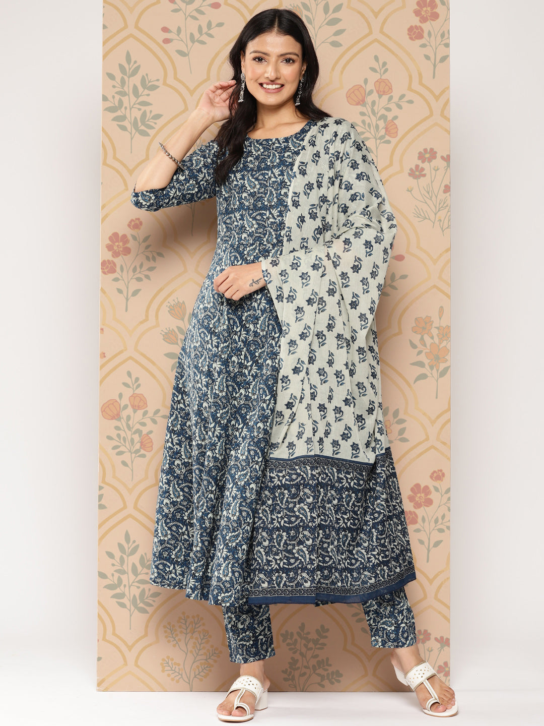 Women Blue Ethnic Printed Anarkali Kurta With Trouser And Dupatta | LASVINI - Redefining Indian Fashion with Elegance