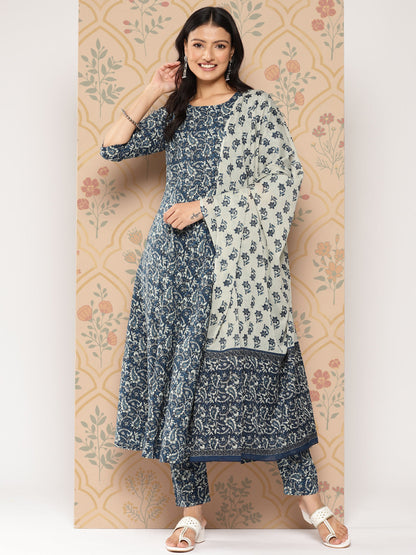 Women Blue Ethnic Printed Anarkali Kurta With Trouser And Dupatta | LASVINI - Redefining Indian Fashion with Elegance