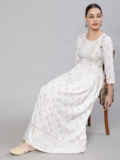 Women Off-White Ethnic Printed Flared Dress With Three Quarter Sleeves | LASVINI - Redefining Indian Fashion with Elegance