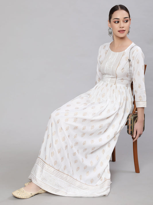 Women Off-White Ethnic Printed Flared Dress With Three Quarter Sleeves | LASVINI - Redefining Indian Fashion with Elegance