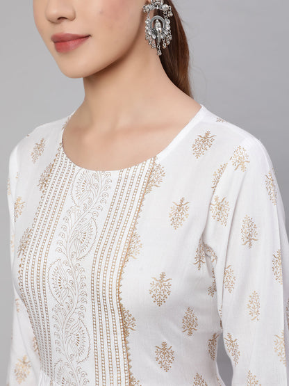 Women Off-White Ethnic Printed Flared Dress With Three Quarter Sleeves | LASVINI - Redefining Indian Fashion with Elegance