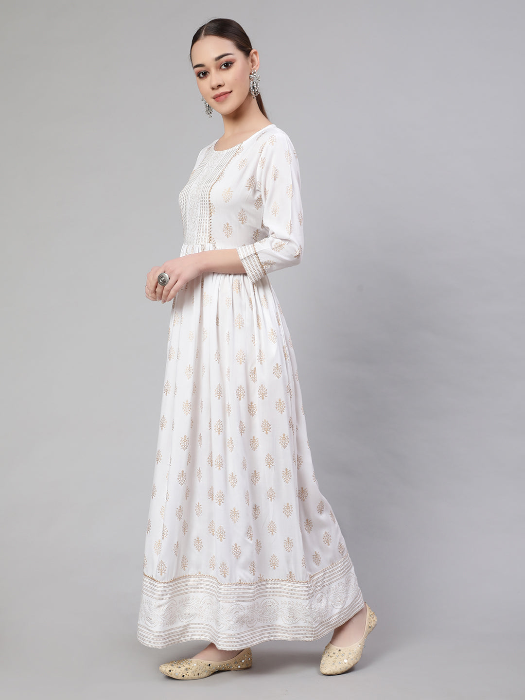Women Off-White Ethnic Printed Flared Dress With Three Quarter Sleeves | LASVINI - Redefining Indian Fashion with Elegance