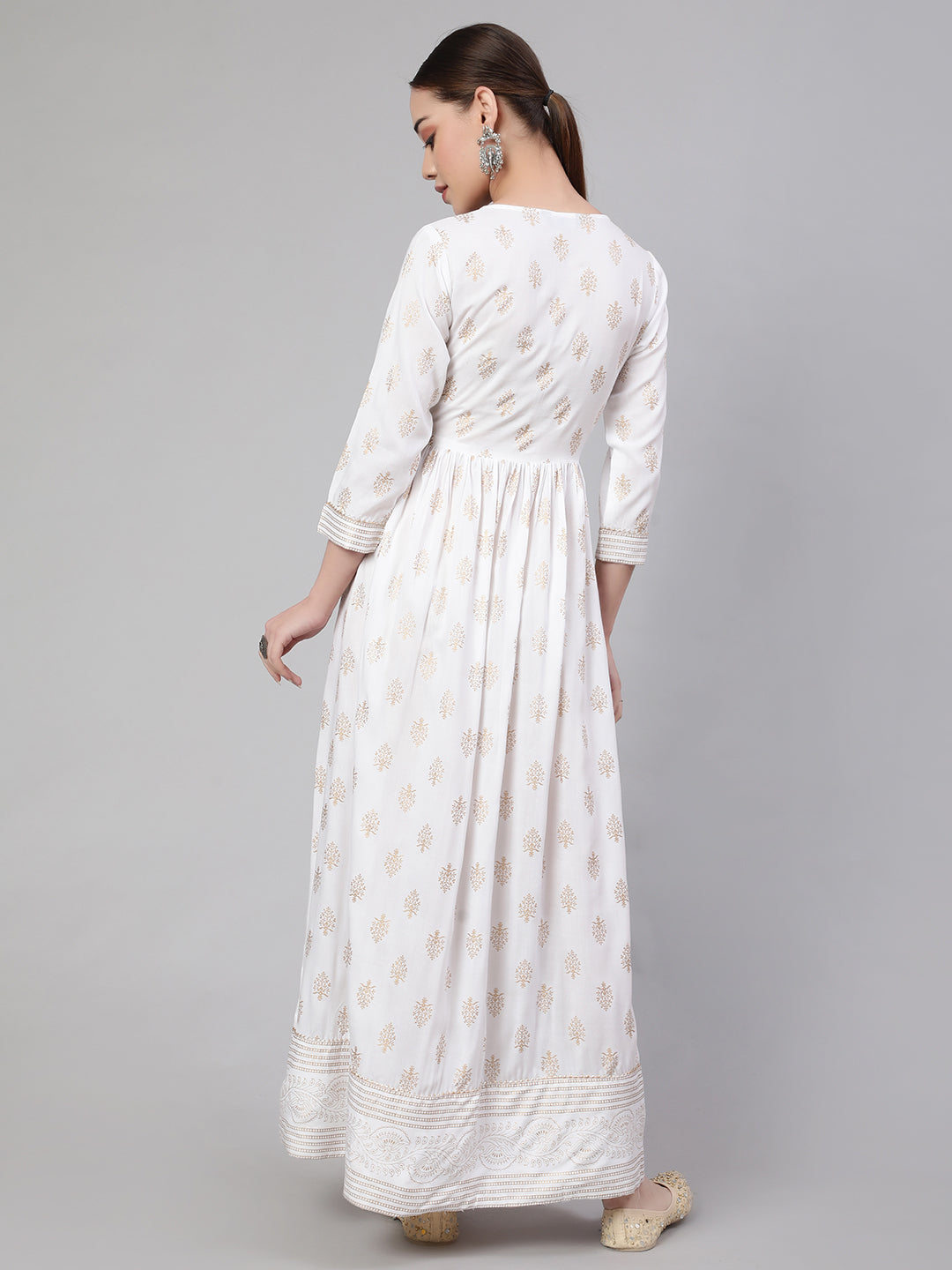 Women Off-White Ethnic Printed Flared Dress With Three Quarter Sleeves | LASVINI - Redefining Indian Fashion with Elegance