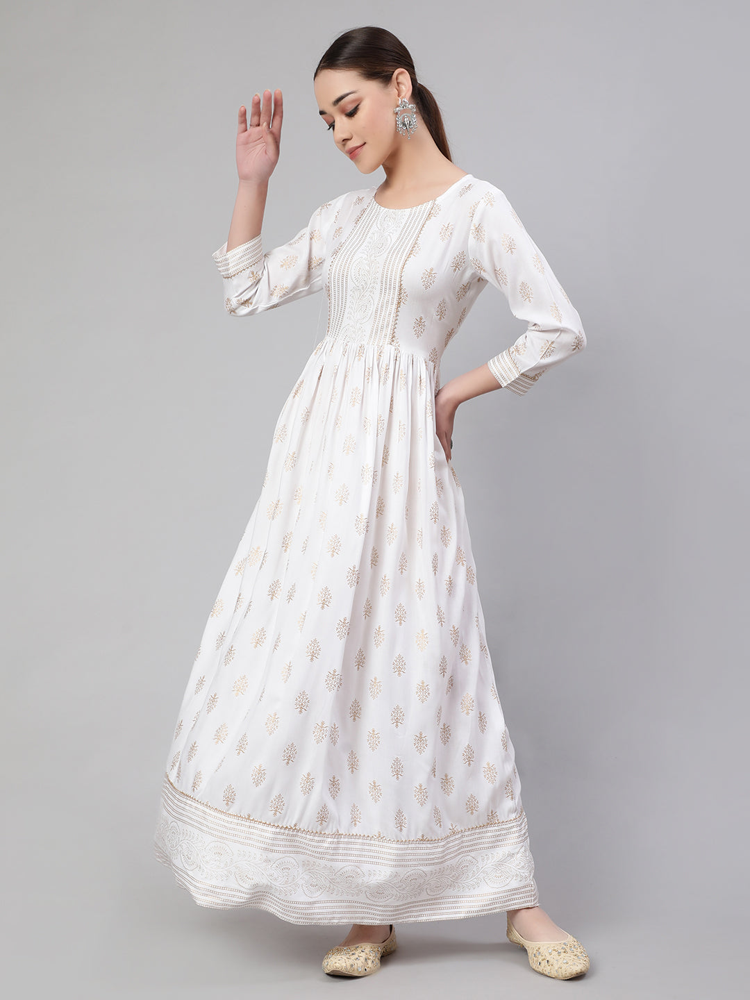 Women Off-White Ethnic Printed Flared Dress With Three Quarter Sleeves | LASVINI - Redefining Indian Fashion with Elegance