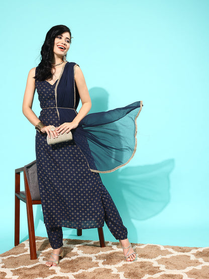 Women Navy Blue Ethnic Printed Sleeveless Kurta With Trouser And Dupatta | LASVINI - Redefining Indian Fashion with Elegance