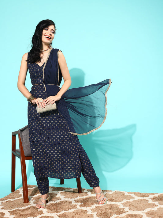 Women Navy Blue Ethnic Printed Sleeveless Kurta With Trouser And Dupatta | LASVINI - Redefining Indian Fashion with Elegance