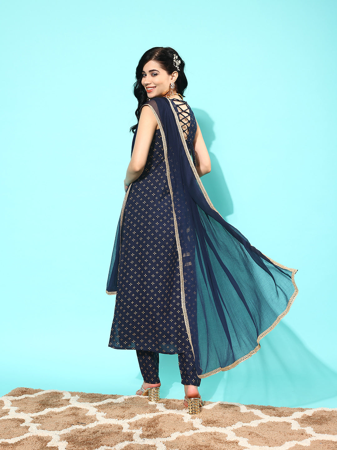 Women Navy Blue Ethnic Printed Sleeveless Kurta With Trouser And Dupatta | LASVINI - Redefining Indian Fashion with Elegance