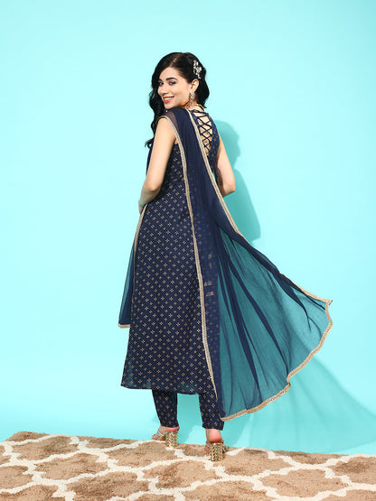 Women Navy Blue Ethnic Printed Sleeveless Kurta With Trouser And Dupatta | LASVINI - Redefining Indian Fashion with Elegance