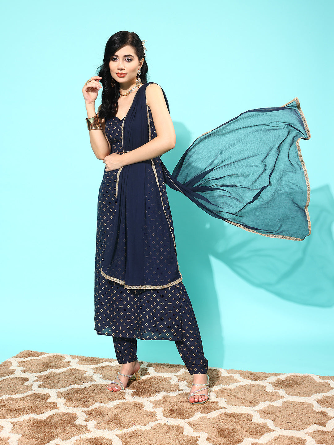 Women Navy Blue Ethnic Printed Sleeveless Kurta With Trouser And Dupatta | LASVINI - Redefining Indian Fashion with Elegance
