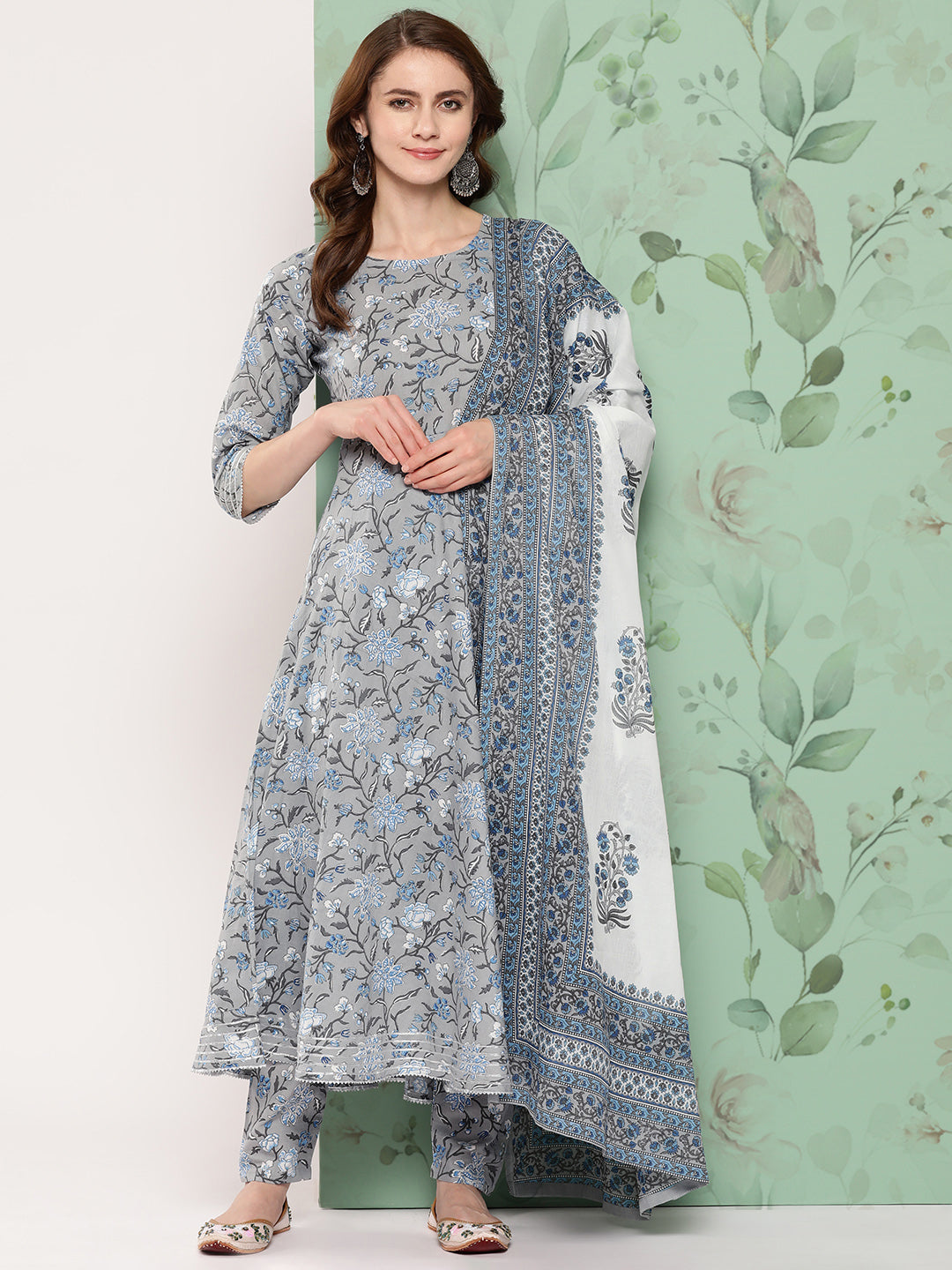 Women Grey Floral Printed Flared Kurta And Trouser With Dupatta | LASVINI - Redefining Indian Fashion with Elegance