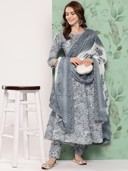 Women Grey Floral Printed Flared Kurta And Trouser With Dupatta | LASVINI - Redefining Indian Fashion with Elegance