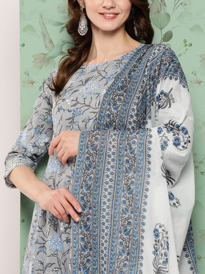 Women Grey Floral Printed Flared Kurta And Trouser With Dupatta | LASVINI - Redefining Indian Fashion with Elegance